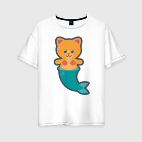 Женская футболка хлопок Oversize с принтом Cat Mermaid в Екатеринбурге, 100% хлопок | свободный крой, круглый ворот, спущенный рукав, длина до линии бедер
 | animal | cat | cute | fish | kitty | meow | друг | животные | киска | кися | китти | кот | котенок | котик | котэ | кошечка | кошка | мур | мяу | питомец | русалка | русалочка | рыба