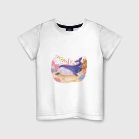 Детская футболка хлопок с принтом Отдыхающий кит в Екатеринбурге, 100% хлопок | круглый вырез горловины, полуприлегающий силуэт, длина до линии бедер | арт | звезда | кит | кораллы | море | морская звезда | океан | песок | природа | рисунок | рыба | рыбки | рыбы | синий кит