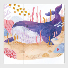 Магнитный плакат 3Х3 с принтом Отдыхающий кит в Екатеринбурге, Полимерный материал с магнитным слоем | 9 деталей размером 9*9 см | Тематика изображения на принте: арт | звезда | кит | кораллы | море | морская звезда | океан | песок | природа | рисунок | рыба | рыбки | рыбы | синий кит