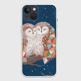 Чехол для iPhone 13 с принтом Ночные обнимашки в Екатеринбурге,  |  | арт | ветка | дерево | звёздное небо | луна | ночь | одеяло | плед | полу месяц | природа | птица | птицы | рисунок | снег | снежинки | сова | совы