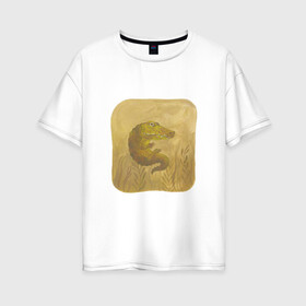 Женская футболка хлопок Oversize с принтом Крокодильчик в Екатеринбурге, 100% хлопок | свободный крой, круглый ворот, спущенный рукав, длина до линии бедер
 | арт | болото | крокодил | крокодильчик | озеро | природа | рисунок