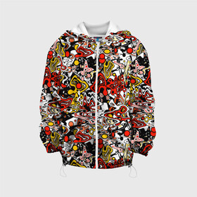 Детская куртка 3D с принтом Абстрактный разноцветный узор в Екатеринбурге, 100% полиэстер | застежка — молния, подол и капюшон оформлены резинкой с фиксаторами, по бокам — два кармана без застежек, один потайной карман на груди, плотность верхнего слоя — 90 г/м2; плотность флисового подклада — 260 г/м2 | абстрактный | граффити | желтый | красный | мазня | молодежный | популярный | разноцветный | рисунок | современный | черный