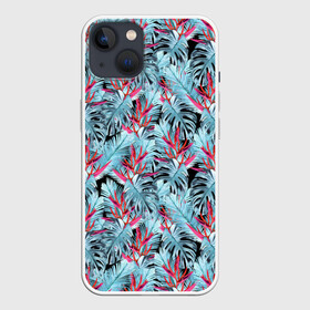 Чехол для iPhone 13 с принтом Розово голубой тропический в Екатеринбурге,  |  | листья | листья монстеры | монстера | папоротник | пляжный | тропический | цветочный