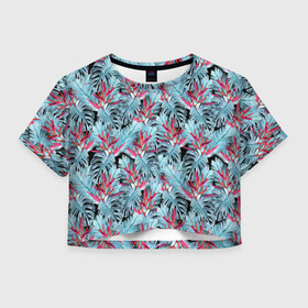 Женская футболка Crop-top 3D с принтом Розово-голубой тропический  в Екатеринбурге, 100% полиэстер | круглая горловина, длина футболки до линии талии, рукава с отворотами | листья | листья монстеры | монстера | папоротник | пляжный | тропический | цветочный