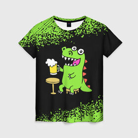 Женская футболка 3D с принтом Пивозавр - Краска в Екатеринбурге, 100% полиэфир ( синтетическое хлопкоподобное полотно) | прямой крой, круглый вырез горловины, длина до линии бедер | dinosaur | pivo | pivozavr | динозавр | краска | прикол | спрей