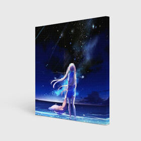 Холст квадратный с принтом Animegirl Night Sea в Екатеринбурге, 100% ПВХ |  | аниме девушка | градиент | девочка | звезды | луна | море | на каждый день | небо | облака | океан | персонаж | синее | синий