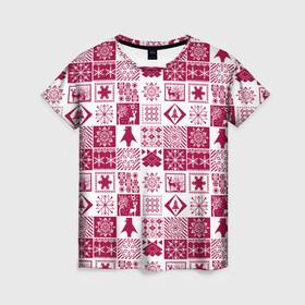 Женская футболка 3D с принтом Новогодний рождественский узор в Екатеринбурге, 100% полиэфир ( синтетическое хлопкоподобное полотно) | прямой крой, круглый вырез горловины, длина до линии бедер | белый и красный | зимний | красный | новогодний | пэчворк | рождественский | скандинавский | этнический узор