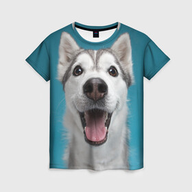 Женская футболка 3D с принтом Хаски в Екатеринбурге, 100% полиэфир ( синтетическое хлопкоподобное полотно) | прямой крой, круглый вырез горловины, длина до линии бедер | Тематика изображения на принте: dog | дог | домашние животные | звери | сибирский хаски | собака | собаки | хаски