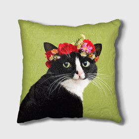 Подушка 3D с принтом Кот и цветы в Екатеринбурге, наволочка – 100% полиэстер, наполнитель – холлофайбер (легкий наполнитель, не вызывает аллергию). | состоит из подушки и наволочки. Наволочка на молнии, легко снимается для стирки | cat | домашние животные | кот | коты | кошка | кошки | цветы | черный кот