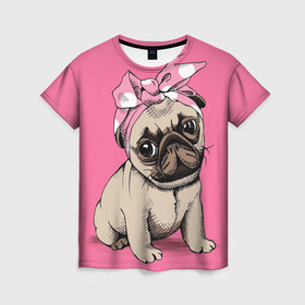 Женская футболка 3D с принтом Мопс | собака в Екатеринбурге, 100% полиэфир ( синтетическое хлопкоподобное полотно) | прямой крой, круглый вырез горловины, длина до линии бедер | dog | дог | домашние животные | звери | мопс | мопсик | розовое | собака | собаки | собачка | собачки