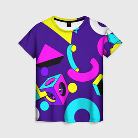Женская футболка 3D с принтом Геометрические фигуры в Екатеринбурге, 100% полиэфир ( синтетическое хлопкоподобное полотно) | прямой крой, круглый вырез горловины, длина до линии бедер | геометрический | красочный | мода | разноцветные 90 е | стиль | структура | текстура | ткань | узор | фон | цвет
