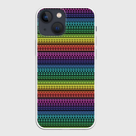 Чехол для iPhone 13 mini с принтом Этнический радужный орнамент в Екатеринбурге,  |  | ажурный | желтый | красный | неоновый | орнамент | полосатый | популярный | радуга | разноцветный | современный | фиолетовый | этнический