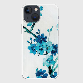 Чехол для iPhone 13 mini с принтом Голубая сакура в Екатеринбурге,  |  | акварель | белый | нежный | растительное | рисунок | цветочный | цветы