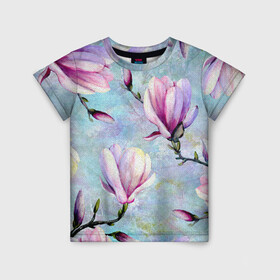 Детская футболка 3D с принтом Живописная магнолия в Екатеринбурге, 100% гипоаллергенный полиэфир | прямой крой, круглый вырез горловины, длина до линии бедер, чуть спущенное плечо, ткань немного тянется | бутоны | весна | живописный | живопись | картина | крупные цветы | магнолия | небесный | нежные | холст | художественный | цветочки | цветочный | цветы