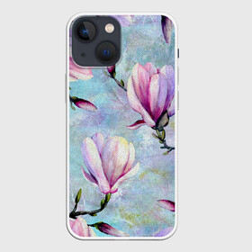 Чехол для iPhone 13 mini с принтом Живописная магнолия в Екатеринбурге,  |  | бутоны | весна | живописный | живопись | картина | крупные цветы | магнолия | небесный | нежные | холст | художественный | цветочки | цветочный | цветы