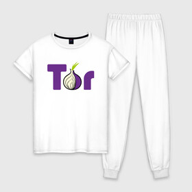 Женская пижама хлопок с принтом ТОР / TOR PROJECT BROWSER в Екатеринбурге, 100% хлопок | брюки и футболка прямого кроя, без карманов, на брюках мягкая резинка на поясе и по низу штанин | tor browser | torproject | анонимность | анонимный браузер | взлом | даркнет | зеркала | луковица | тор браузер | хакер | черный интернет.