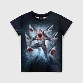 Детская футболка 3D с принтом АКУЛА МОНСТР в Екатеринбурге, 100% гипоаллергенный полиэфир | прямой крой, круглый вырез горловины, длина до линии бедер, чуть спущенное плечо, ткань немного тянется | animals | beast | f8sh | hungry | monstr | ocean | sea | shark | акула | животные | звери | монстр | море | океан | рыба | флот | хищник