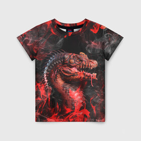 Детская футболка 3D с принтом Опасный Динозавр | Red Dino (Z) в Екатеринбурге, 100% гипоаллергенный полиэфир | прямой крой, круглый вырез горловины, длина до линии бедер, чуть спущенное плечо, ткань немного тянется | dino | dinosauria | red dino | t rex | ti rex | дино | динозавр | красный динозавр | парк юрского | т рекс | ти рекс | хищник | чудовище | юрский период | ящер | ящерица