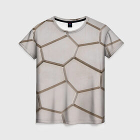 Женская футболка 3D с принтом Ячейки в Екатеринбурге, 100% полиэфир ( синтетическое хлопкоподобное полотно) | прямой крой, круглый вырез горловины, длина до линии бедер | 3d | бежевый | бетон | плиты | серый | соты | спокойный | структура | текстура | ячеистый