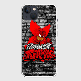 Чехол для iPhone 13 с принтом Friday Night Funkin TrickyWall в Екатеринбурге,  |  | black | brick | character | clown | demon | fire | fnf | friday night funkin | red | tricky | white | белый | буквы | демон | игра | картинка | кирпич | клоун | красный | логотип | микрофон | огонь | персонаж | рисовка | трещины | трики | фра