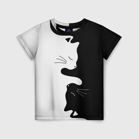 Детская футболка 3D с принтом Коты инь янь в Екатеринбурге, 100% гипоаллергенный полиэфир | прямой крой, круглый вырез горловины, длина до линии бедер, чуть спущенное плечо, ткань немного тянется | Тематика изображения на принте: cat | домашние животные | звери | инь и янь | инь янь | кот | коты | кошка | кошки | черно белое | чернобелое | черное и белое