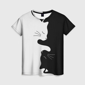 Женская футболка 3D с принтом Коты инь янь в Екатеринбурге, 100% полиэфир ( синтетическое хлопкоподобное полотно) | прямой крой, круглый вырез горловины, длина до линии бедер | cat | домашние животные | звери | инь и янь | инь янь | кот | коты | кошка | кошки | черно белое | чернобелое | черное и белое