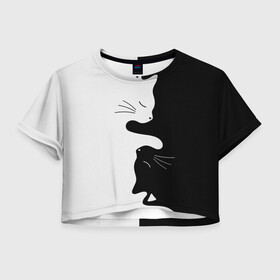 Женская футболка Crop-top 3D с принтом Коты инь янь в Екатеринбурге, 100% полиэстер | круглая горловина, длина футболки до линии талии, рукава с отворотами | cat | домашние животные | звери | инь и янь | инь янь | кот | коты | кошка | кошки | черно белое | чернобелое | черное и белое