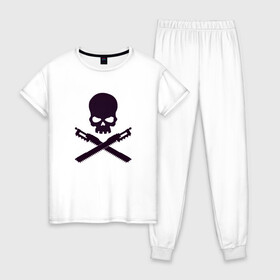 Женская пижама хлопок с принтом Warhammer Roger в Екатеринбурге, 100% хлопок | брюки и футболка прямого кроя, без карманов, на брюках мягкая резинка на поясе и по низу штанин | chainsword | jolly roger | pirate | skull | warhammer | вархаммер | пиломеч | пиратский флаг | череп