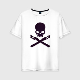 Женская футболка хлопок Oversize с принтом Warhammer Roger в Екатеринбурге, 100% хлопок | свободный крой, круглый ворот, спущенный рукав, длина до линии бедер
 | Тематика изображения на принте: chainsword | jolly roger | pirate | skull | warhammer | вархаммер | пиломеч | пиратский флаг | череп