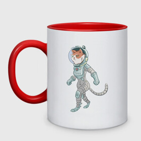Кружка двухцветная с принтом Рыжий космонавт в Екатеринбурге, керамика | объем — 330 мл, диаметр — 80 мм. Цветная ручка и кайма сверху, в некоторых цветах — вся внутренняя часть | арт | астронавт | космонавт | космос | кот | котейка | кошка | рисунок | рыжая кошка | рыжий кот | скафандр