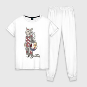 Женская пижама хлопок с принтом К полёту - готов в Екатеринбурге, 100% хлопок | брюки и футболка прямого кроя, без карманов, на брюках мягкая резинка на поясе и по низу штанин | арт | астронавт | белая кошка | белый кот | космонавт | космос | кот | котейка | кошка | рисунок | скафандр