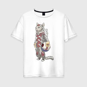 Женская футболка хлопок Oversize с принтом К полёту - готов в Екатеринбурге, 100% хлопок | свободный крой, круглый ворот, спущенный рукав, длина до линии бедер
 | арт | астронавт | белая кошка | белый кот | космонавт | космос | кот | котейка | кошка | рисунок | скафандр