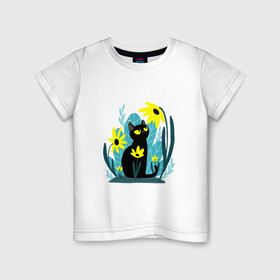 Детская футболка хлопок с принтом Кот и цветок в Екатеринбурге, 100% хлопок | круглый вырез горловины, полуприлегающий силуэт, длина до линии бедер | арт | жёлтые цветы | жёлтый цветок | космос | кот | котейка | кошка | полевой цветок | полевые цветы | пчела | рисунок | цветок | цветы | чёрная кошка | чёрный кот | чёрный котейка
