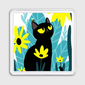 Магнит 55*55 с принтом Кот и цветок в Екатеринбурге, Пластик | Размер: 65*65 мм; Размер печати: 55*55 мм | Тематика изображения на принте: арт | жёлтые цветы | жёлтый цветок | космос | кот | котейка | кошка | полевой цветок | полевые цветы | пчела | рисунок | цветок | цветы | чёрная кошка | чёрный кот | чёрный котейка