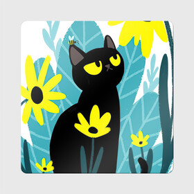 Магнит виниловый Квадрат с принтом Кот и цветок в Екатеринбурге, полимерный материал с магнитным слоем | размер 9*9 см, закругленные углы | арт | жёлтые цветы | жёлтый цветок | космос | кот | котейка | кошка | полевой цветок | полевые цветы | пчела | рисунок | цветок | цветы | чёрная кошка | чёрный кот | чёрный котейка