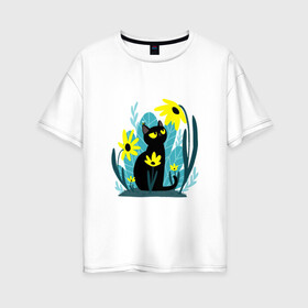 Женская футболка хлопок Oversize с принтом Кот и цветок в Екатеринбурге, 100% хлопок | свободный крой, круглый ворот, спущенный рукав, длина до линии бедер
 | арт | жёлтые цветы | жёлтый цветок | космос | кот | котейка | кошка | полевой цветок | полевые цветы | пчела | рисунок | цветок | цветы | чёрная кошка | чёрный кот | чёрный котейка
