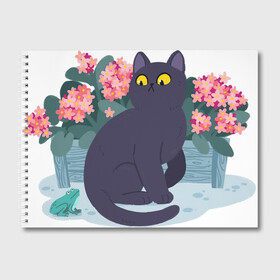 Альбом для рисования с принтом Кот, лягушка и клумба в Екатеринбурге, 100% бумага
 | матовая бумага, плотность 200 мг. | Тематика изображения на принте: арт | клумба | космос | кот | котейка | кошка | лягушка | рисунок | розовые цветы | розовый цветок | цветы | чёрная кошка | чёрный кот