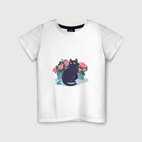 Детская футболка хлопок с принтом Кот, лягушка и клумба в Екатеринбурге, 100% хлопок | круглый вырез горловины, полуприлегающий силуэт, длина до линии бедер | арт | клумба | космос | кот | котейка | кошка | лягушка | рисунок | розовые цветы | розовый цветок | цветы | чёрная кошка | чёрный кот