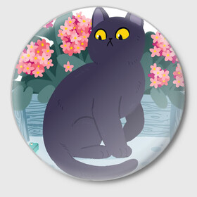 Значок с принтом Кот, лягушка и клумба в Екатеринбурге,  металл | круглая форма, металлическая застежка в виде булавки | арт | клумба | космос | кот | котейка | кошка | лягушка | рисунок | розовые цветы | розовый цветок | цветы | чёрная кошка | чёрный кот