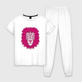 Женская пижама хлопок с принтом Pink Lion в Екатеринбурге, 100% хлопок | брюки и футболка прямого кроя, без карманов, на брюках мягкая резинка на поясе и по низу штанин | animal | cat | lion | африка | животные | зверь | кот | кошка | лев | львенок | львица | тигр | хищник | царь