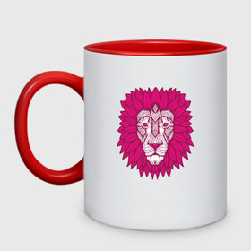 Кружка двухцветная с принтом Pink Lion в Екатеринбурге, керамика | объем — 330 мл, диаметр — 80 мм. Цветная ручка и кайма сверху, в некоторых цветах — вся внутренняя часть | animal | cat | lion | африка | животные | зверь | кот | кошка | лев | львенок | львица | тигр | хищник | царь