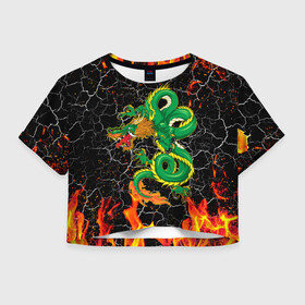 Женская футболка Crop-top 3D с принтом Дракон Огонь Dragon Fire в Екатеринбурге, 100% полиэстер | круглая горловина, длина футболки до линии талии, рукава с отворотами | beast | dragon | fire | горелый | дракон | животные | зверь | змей | когти | огонь | пепел | пламя | узор | чб | японский