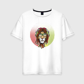 Женская футболка хлопок Oversize с принтом Reggae Lion в Екатеринбурге, 100% хлопок | свободный крой, круглый ворот, спущенный рукав, длина до линии бедер
 | Тематика изображения на принте: animal | cat | lion | reggae | африка | животные | зверь | кот | кошка | лев | львенок | львица | музыка | регги | тигр | хищник | царь | ямайка. jamaica