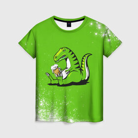 Женская футболка 3D с принтом Пивозавр - Краска в Екатеринбурге, 100% полиэфир ( синтетическое хлопкоподобное полотно) | прямой крой, круглый вырез горловины, длина до линии бедер | dinosaur | pivo | pivozavr | взрыв | динозавр | краска | прикол