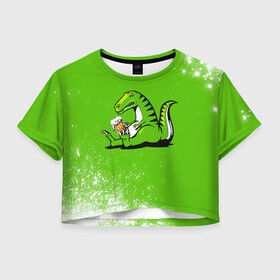 Женская футболка Crop-top 3D с принтом Пивозавр - Краска в Екатеринбурге, 100% полиэстер | круглая горловина, длина футболки до линии талии, рукава с отворотами | dinosaur | pivo | pivozavr | взрыв | динозавр | краска | прикол