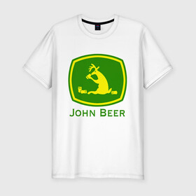 Мужская футболка хлопок Slim с принтом JOHN BEER / ДЖОН ПИВО в Екатеринбурге, 92% хлопок, 8% лайкра | приталенный силуэт, круглый вырез ворота, длина до линии бедра, короткий рукав | beer | john deer | алкаш | джон бир. | прикол | смешная надпись | цитата | юмор