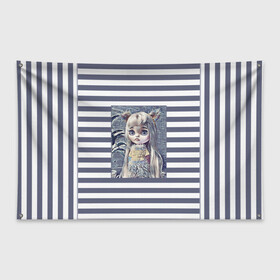 Флаг-баннер с принтом Иллюстрация Кукла Блайз в Екатеринбурге, 100% полиэстер | размер 67 х 109 см, плотность ткани — 95 г/м2; по краям флага есть четыре люверса для крепления | детский | для девочек | игрушки | кукла блайз | куклы | полосатый | серый | фото куклы