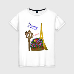 Женская футболка хлопок с принтом Кусочек Парижа в Екатеринбурге, 100% хлопок | прямой крой, круглый вырез горловины, длина до линии бедер, слегка спущенное плечо | . | велик | велосипед | виласипед | города | любовь | мерцание | надписи | париж | путешествие | романтика | текст | фонарь | франция | цветы | эйфелева башня