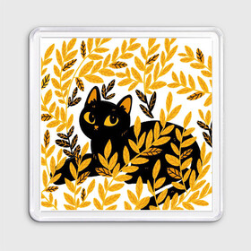 Магнит 55*55 с принтом Кот и осень в Екатеринбурге, Пластик | Размер: 65*65 мм; Размер печати: 55*55 мм | арт | кот | котейка | кошка | осень | пшеница | рисунок | чёрная кошка | чёрный кот | чёрный котик