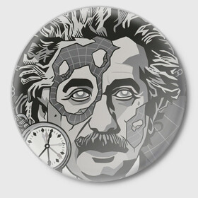 Значок с принтом Альберт Эйнштейн в Екатеринбурге,  металл | круглая форма, металлическая застежка в виде булавки | Тематика изображения на принте: арт | время | рисунок | учёный | часы | чёрно белый | черно белый рисунок | эйнштейн